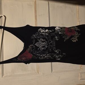 Black Tank Top with Silver and Red Design